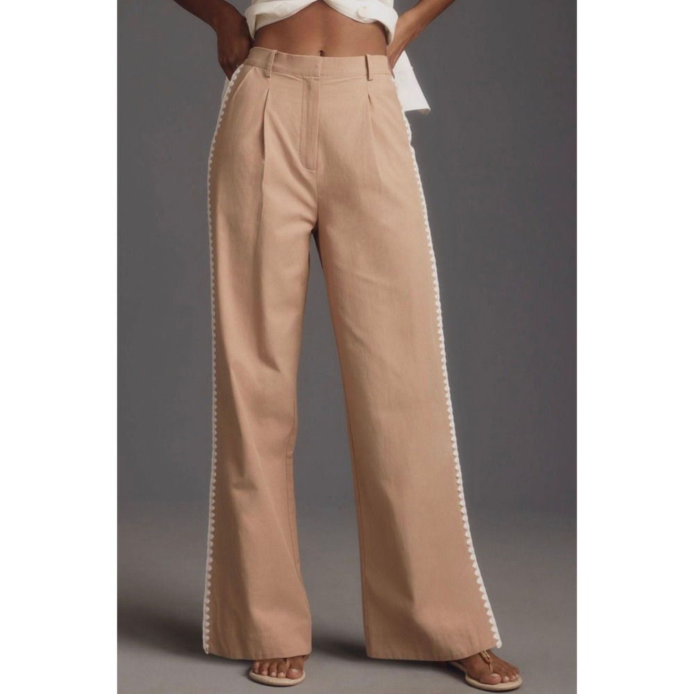 MON REN Lisle Wide Leg Pants Embroidered Trim Biscuit Women's‎ Size Medium